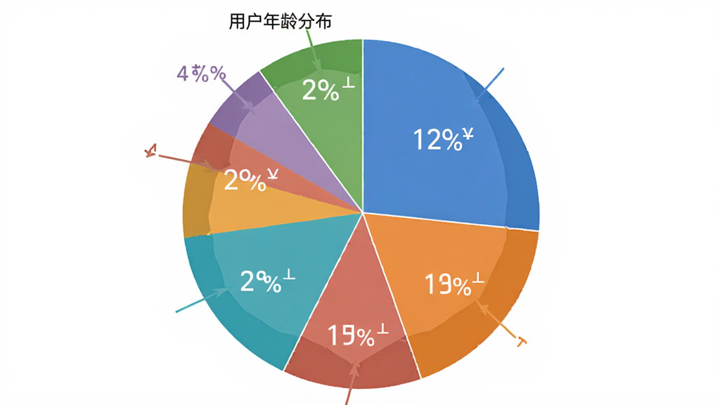 表情包斗图大师用户年龄分布饼状图,画面主体是一个圆形饼图,布局居中,排版清晰,风格扁平化数据可视化,细节有不同颜色的扇形区域和百分比标注,画质干净无多余元素