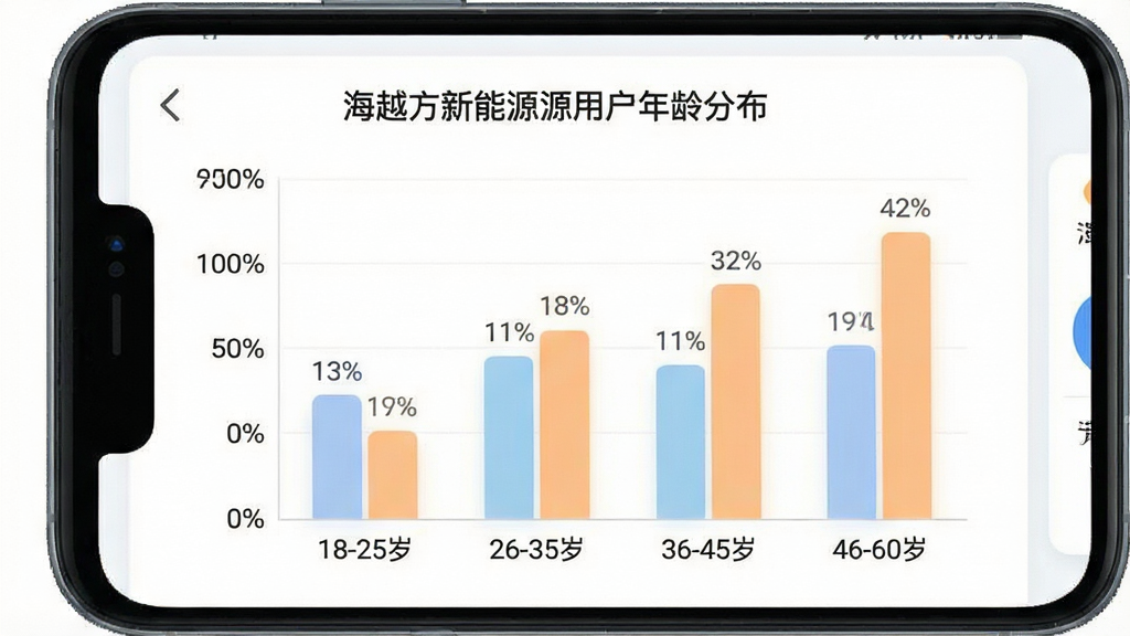 一张展示海越方新能源用户年龄分布的柱状图,图表主体是一个手机屏幕,屏幕上显示着彩色的柱状图,横轴是“18-25岁”、“26-35岁”、“36-45岁”、“46-60岁”四个年龄段,纵轴是用户占比百分比,风格是简洁的数据可视化界面,细节包括清晰的数字标签和柔和的蓝橙配色,画质高清,画面干净,无多余元素