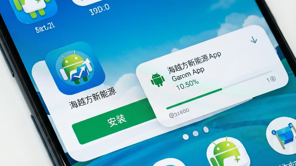 一张展示海越方新能源App在手机桌面上安装过程的图片,画面是一个手机屏幕特写,屏幕上显示着“海越方新能源”的应用图标和一个“安装”按钮,旁边有权限请求弹窗,背景是简洁的手机桌面,风格是清晰的系统UI截图,细节包括进度条和安卓机器人小图标,画质干净,无多余元素