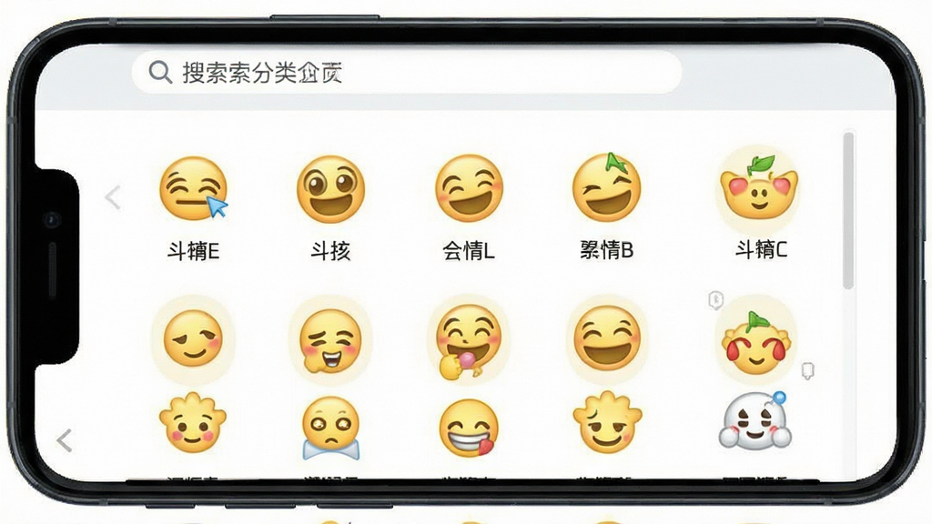 表情包斗图大师软件界面截图,展示表情包分类页面,主体是手机屏幕,布局为顶部搜索栏和下方分类网格,排版整齐,风格清新简约,细节有搜索图标和分类标签文字,画质干净无多余元素