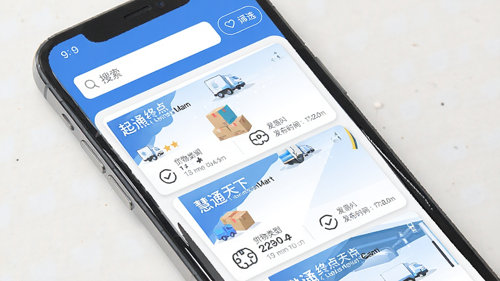 一张展示“慧通天下”App货源列表页面的图片,画面中手机屏幕上排列着多条货源信息卡片,每张卡片包含起点终点城市、货物类型图标、发布时间,界面以蓝白为主色调,顶部有搜索框和筛选按钮,布局清晰,风格现代扁平,画质干净,无多余元素