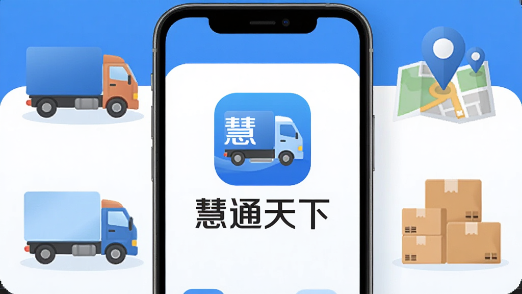 一张手机屏幕展示“慧通天下”App主界面的图片,画面中央是App的Logo和名称“慧通天下”,背景是简洁的蓝白配色,周围环绕着货车、货物纸箱、地图定位图标等物流元素,整体风格现代扁平化,细节圆润,画质干净清晰,无多余元素