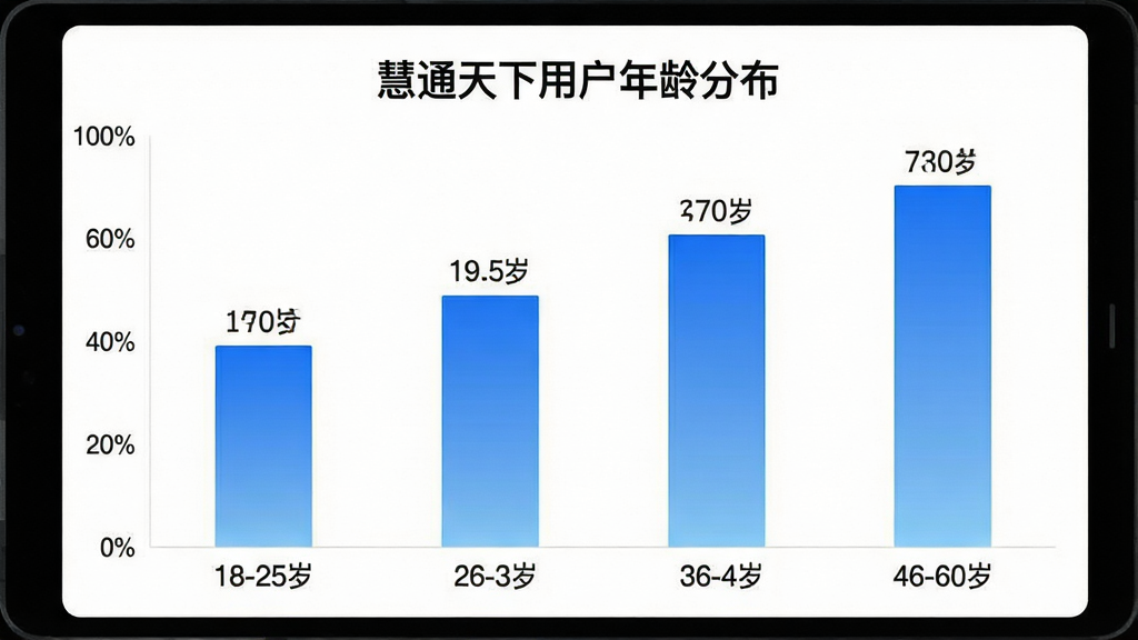 一张展示“慧通天下”App用户年龄分布柱状图的图片,横轴为年龄段18-25岁、26-35岁、36-45岁、46-60岁,纵轴为百分比,柱状图颜色为蓝色渐变,图表标题为“慧通天下用户年龄分布”,背景简洁白色,数据标签清晰可见,画质干净,无多余元素