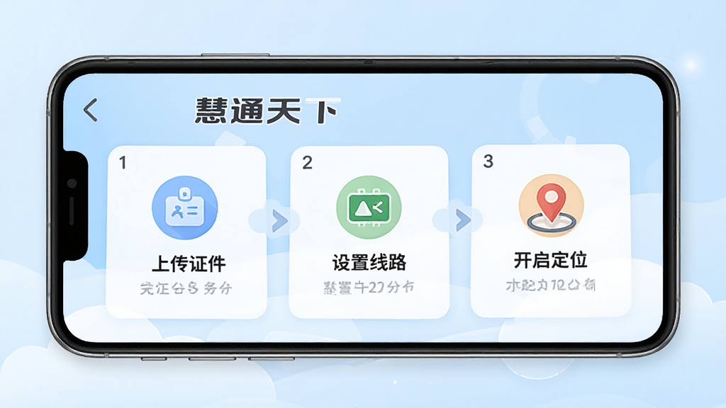 一张展示“慧通天下”App新手引导页面的图片,画面中手机屏幕显示分步骤的图文教程,包含上传证件、设置线路、开启定位等图标,背景是柔和的浅蓝色渐变,风格友好清晰,画质干净,无多余元素