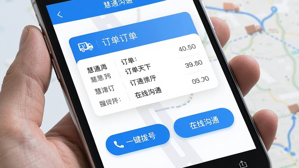 一张展示“慧通天下”App订单沟通界面的图片,画面中手机屏幕显示订单详情卡片,下方有“一键拨号”和“在线沟通”两个醒目的按钮,背景有淡淡的货车路线图纹理,整体风格简洁商务,蓝白配色,画质清晰,无多余元素