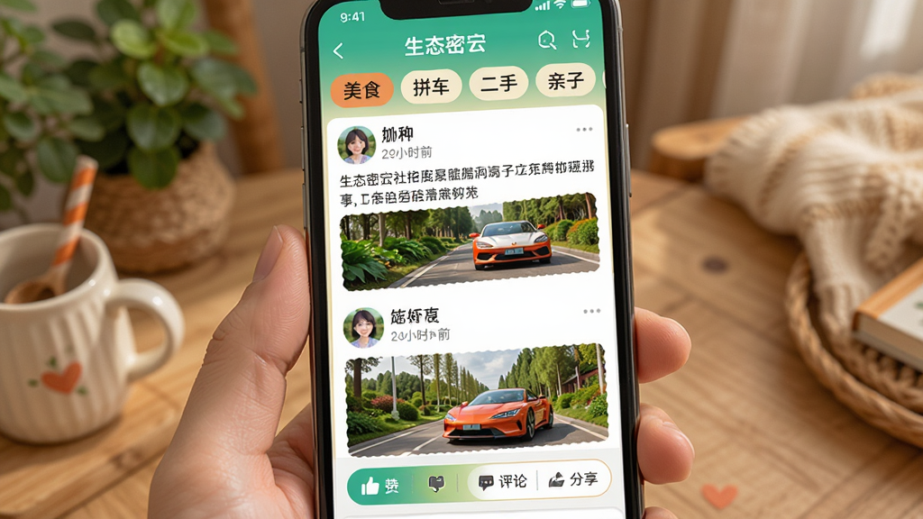 生态密云APP社区互动页面展示,手机屏幕显示社区帖子信息流,每条帖子包含用户头像、昵称、发帖时间、文字内容和配图,底部有点赞评论分享按钮,顶部有话题标签栏如美食、拼车、二手、亲子等,页面风格温暖亲切,配色活泼但不刺眼,画质清晰