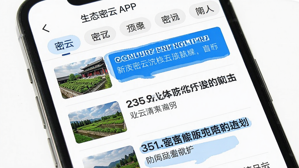 生态密云APP本地资讯页面展示,手机屏幕上显示密云本地新闻列表,每条新闻配有小缩略图,标题清晰易读,顶部有分类标签栏,页面风格干净整洁,白底配深色文字,重点新闻有蓝色高亮标记,整体排版疏朗有致,画质清晰,无多余广告元素
