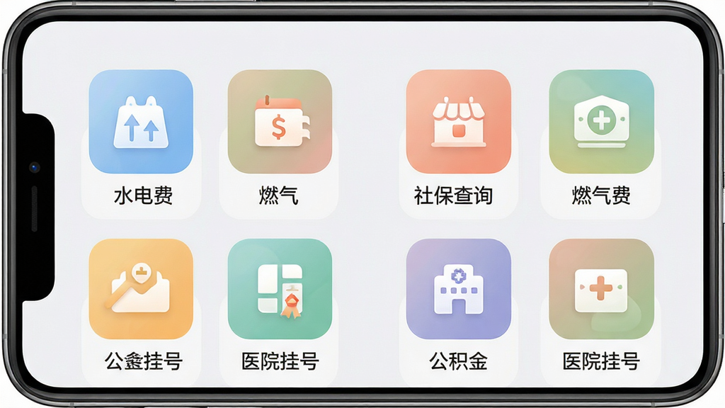生态密云APP便民服务页面展示,手机屏幕显示生活缴费功能区,包含水电费、燃气费、社保查询、公积金、医院挂号等图标,图标设计统一为圆角矩形,配色柔和,每个图标下方有明确文字标签,页面背景为浅灰色,布局分两列排列,整体视觉清爽,画质干净