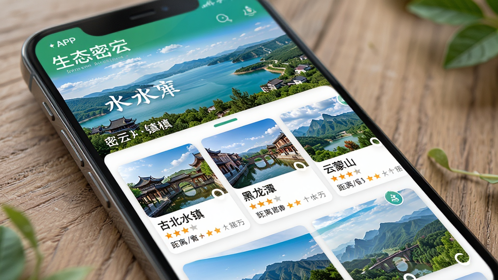 生态密云APP生态旅游页面展示,手机屏幕显示密云景区推荐列表,顶部是密云水库全景大图,下方排列着古北水镇、黑龙潭、云蒙山等景区卡片,每个卡片包含景点图片、名称、评分和距离信息,页面风格清新自然,绿色和蓝色为主色调,排版错落有致,画质细腻干净