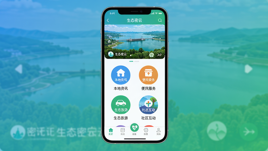 生态密云APP主界面全貌展示,画面中央是一台智能手机,屏幕显示生态密云应用首页,顶部是密云水库风景轮播图,中间排列着本地资讯、便民服务、生态旅游、社区互动四个彩色圆形图标,底部导航栏清晰可见,整体布局简洁清爽,风格现代扁平化,配色以蓝绿为主色调体现生态主题,细节圆润精致,画质干净无多余元素