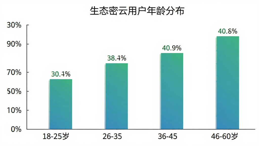 生态密云用户年龄分布柱状图,横轴为年龄段18-25岁、26-35岁、36-45岁、46-60岁,纵轴为用户占比百分比,柱状图颜色为渐变的蓝绿色,每个柱子上方标注具体百分比数值,图表标题为生态密云用户年龄分布,背景为纯白色,风格简洁专业,画质清晰干净