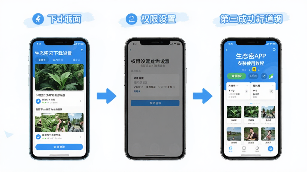 生态密云APP安装使用教程示意图,画面分为三个步骤展示,第一步手机显示下载页面,第二步显示权限设置界面,第三步显示APP成功打开的首页,画面用箭头连接三个步骤,风格简洁明快,配色以蓝白为主,文字标注清晰,整体干净利落,无多余装饰