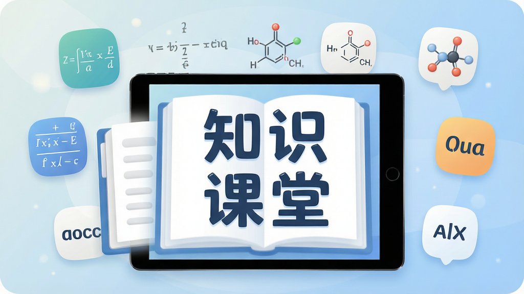 知识课堂软件主界面展示,画面中央是一本翻开的电子书和一台平板电脑,平板屏幕上显示着“知识课堂”四个大字,周围环绕着数学公式、化学分子式、英语单词等学习元素图标,背景是温馨的浅蓝色渐变,布局简洁清晰,风格现代扁平化,细节圆润,画质干净,无多余元素