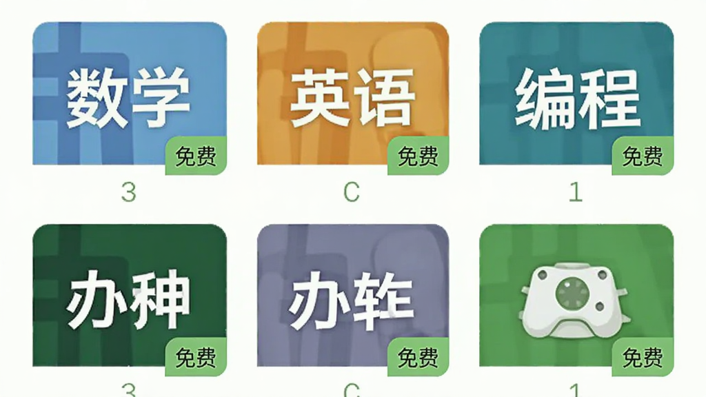 知识课堂课程列表页面展示,手机屏幕截图风格,列表中排列着数学、英语、编程、办公软件等课程封面图,每个课程下方标注“免费”标签,界面以白色和浅绿色为主色调,布局整齐,风格清新简洁,画质清晰,无多余元素
