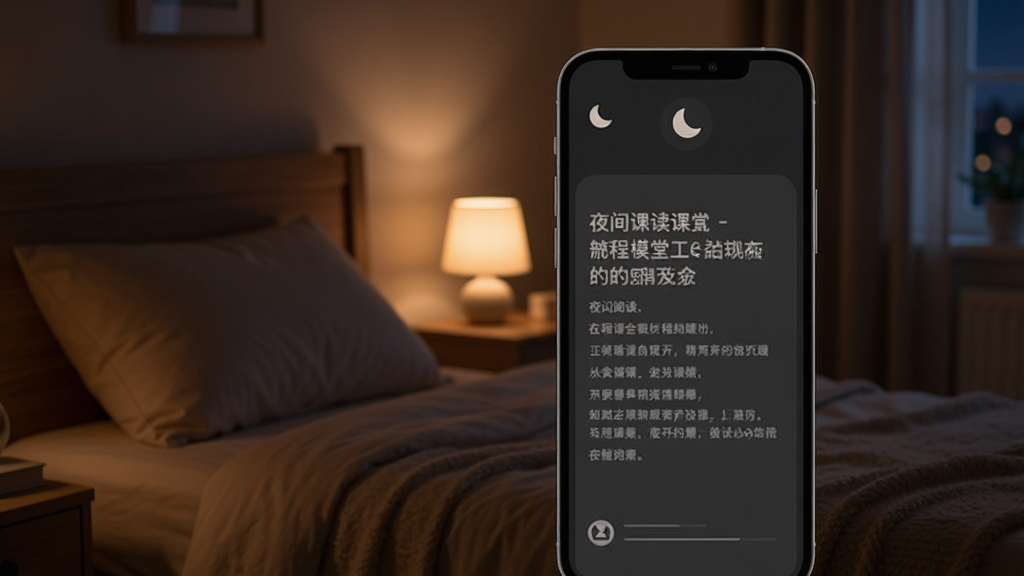 知识课堂夜间模式界面展示,手机屏幕显示深灰色背景下的课程阅读页面,文字清晰柔和,顶部有月亮图标标识夜间模式已开启,周围环境是昏暗的卧室场景,风格温馨舒适,布局简洁,画质干净,无多余元素