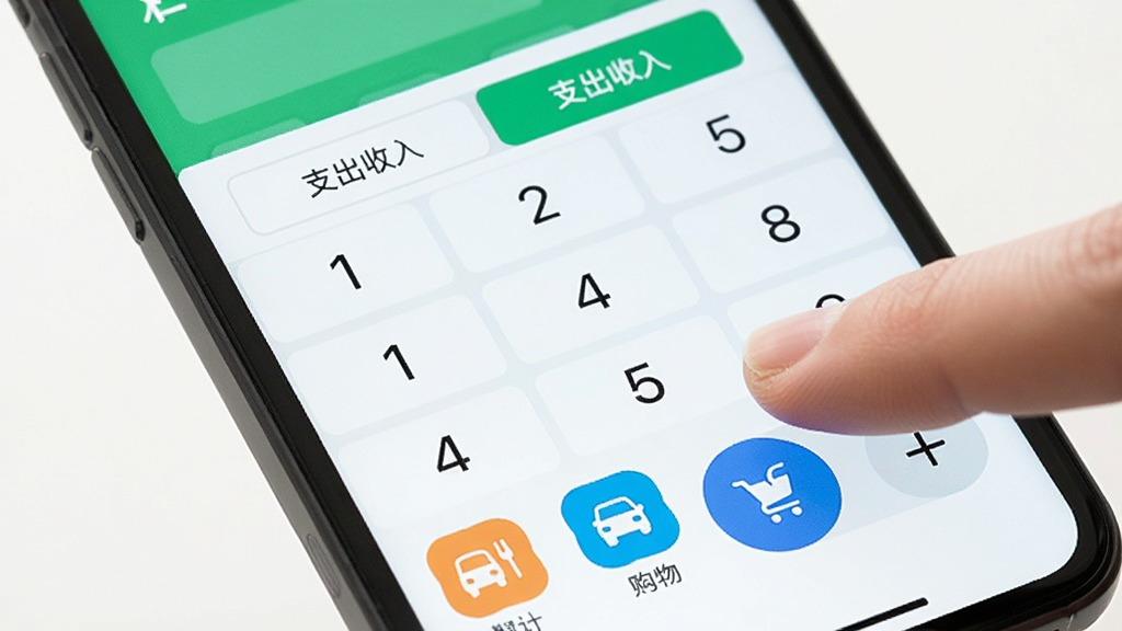 记账本免费快速记账流程展示,手机屏幕特写,手指点击加号按钮,弹出数字键盘和支出收入切换标签,下方有餐饮、交通、购物等分类图标,界面简洁明亮,风格现代扁平,画质干净无多余元素