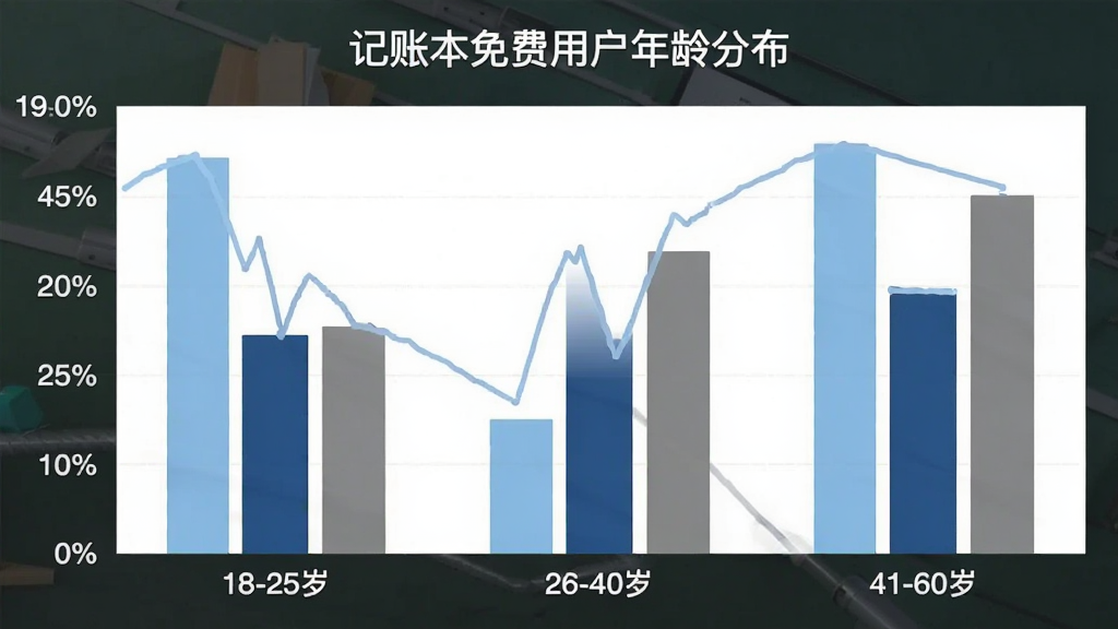 记账本免费用户年龄分布柱状图,横轴为18-25岁、26-40岁、41-60岁三个年龄段,纵轴为用户百分比,柱体颜色分别为浅蓝、深蓝、灰色,图表标题为“记账本免费用户年龄分布”,风格简洁数据可视化,画质干净无多余元素