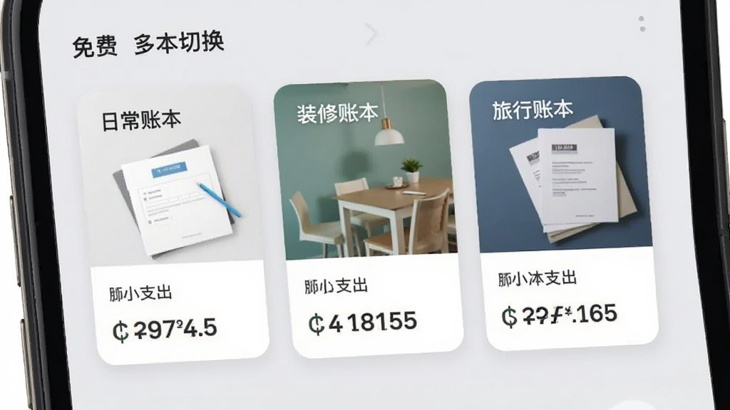 记账本免费多账本切换界面,手机屏幕显示日常账本、装修账本、旅行账本三个卡片式入口,每个卡片有不同封面图和本月支出金额,背景浅灰,风格卡片式布局,画质干净无多余元素