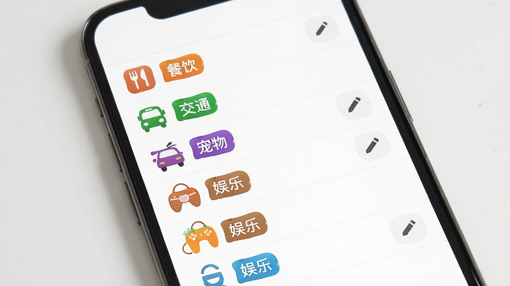 记账本免费分类管理界面,手机屏幕显示自定义分类列表,包含餐饮、交通、宠物、娱乐等图标,每个分类有不同颜色标签,右侧有编辑按钮,背景纯白,布局整齐,风格清新,画质干净无多余元素