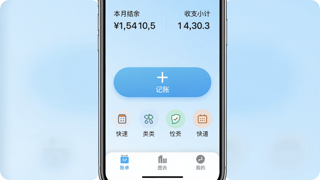 记账本免费软件主界面展示,手机屏幕居中,顶部显示本月结余金额和收支小计,中间是醒目的加号记账按钮和快速分类图标,底部有账单、图表、我的三个选项卡,背景为浅蓝色渐变,风格清爽简约,细节圆润,画质干净无多余元素