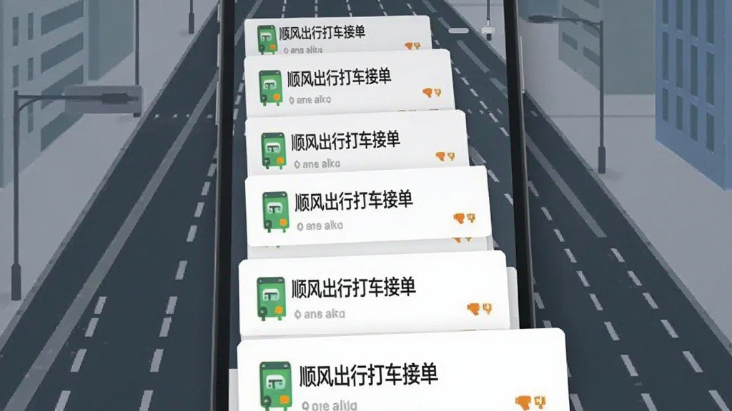 一张手机界面截图风格的图片,画面中央是顺风出行打车接单的订单推送列表,一个个订单卡片像卡片流一样从屏幕上方滑入,卡片上写着“顺风出行打车接单”字样,背景是城市道路线条,风格扁平化,画质干净无多余元素