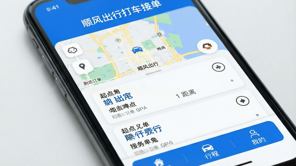 一张手机屏幕特写展示顺风出行打车接单软件的主界面,界面采用蓝白配色,顶部显示“顺风出行打车接单”文字标识,中间是地图和附近订单列表,订单卡片上清晰标注起点终点和距离,底部有接单、行程、我的三个按钮,整体风格简洁现代,画质干净无多余元素