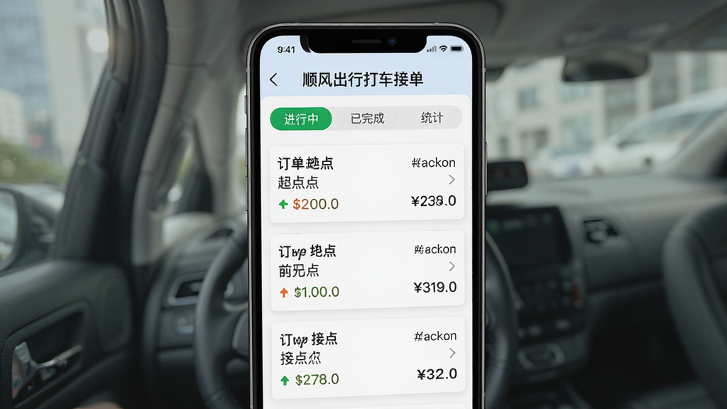 一张展示手机屏幕的图片,屏幕上显示顺风出行打车接单的行程管理页面,有“进行中”“已完成”“统计”三个标签,下方列出订单记录,每个订单显示起点终点和收入金额,顶部有“顺风出行打车接单”标题,风格简洁商务,画质干净无多余元素