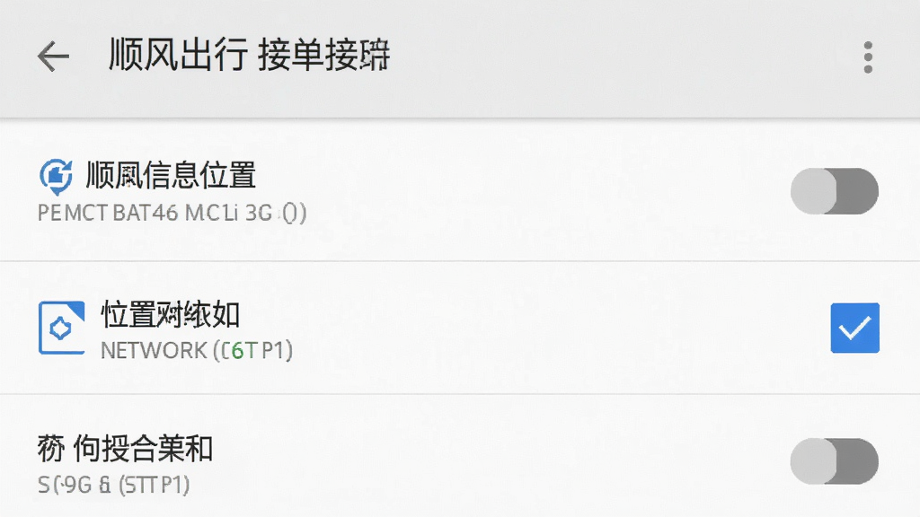 一张手机权限设置界面的图片,显示顺风出行打车接单的权限列表,只有位置信息和网络权限被勾选,其他权限都是关闭状态,界面风格是安卓原生设置风格,画质干净无多余元素