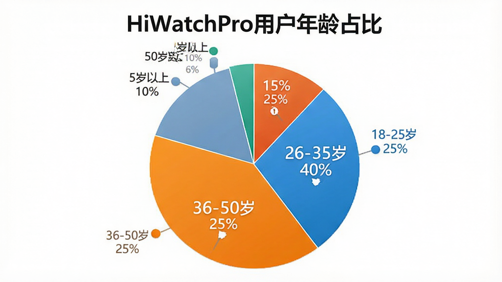 一张展示HiWatchPro用户年龄分布的饼状图,图表标题为“HiWatchPro用户年龄占比”,饼图分为四个扇形区域,分别标注“18-25岁 25%”、“26-35岁 40%”、“36-50岁 25%”、“50岁以上 10%”,配色鲜明,数据标签清晰。背景是白色,风格简洁商务,细节干净,无多余元素。