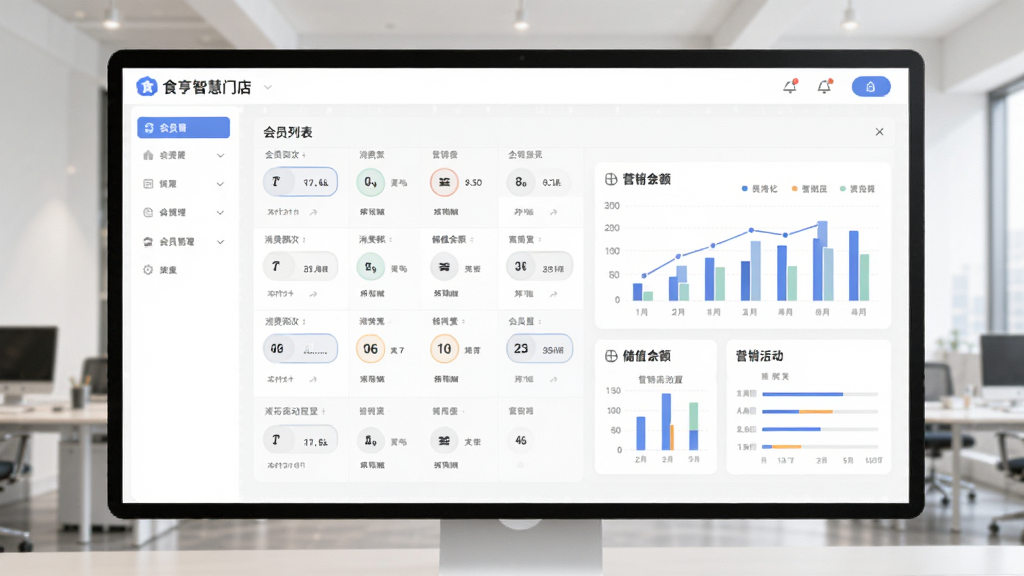 食亨智慧门店 会员管理后台 展示 会员列表 消费频次 储值余额 营销活动设置 图表化数据 现代办公风格 干净 无多余元素