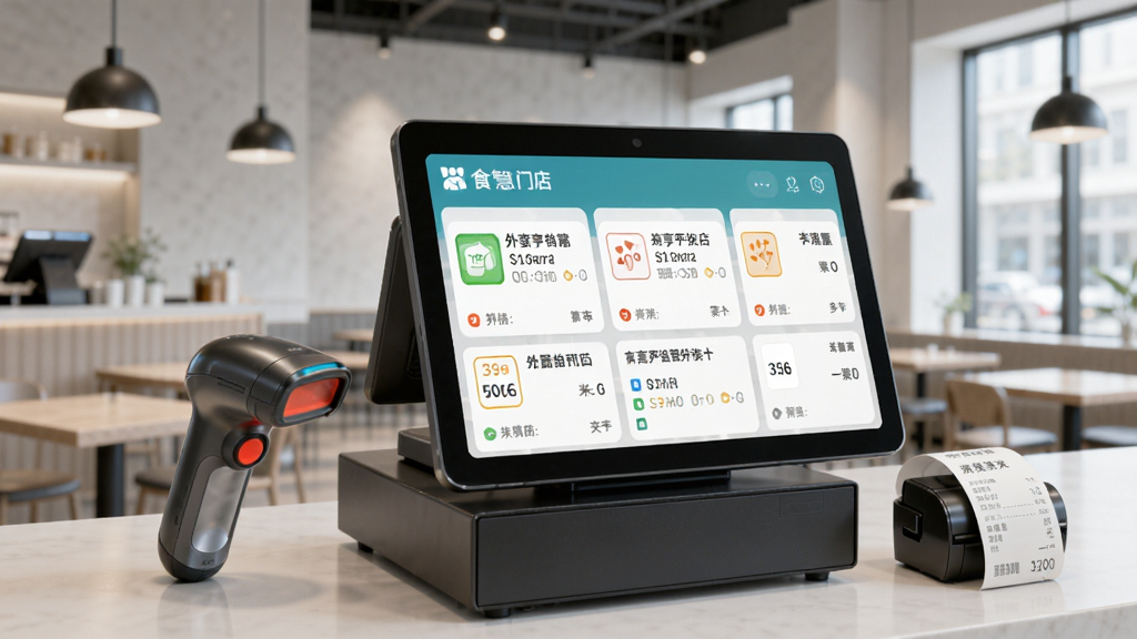 食亨智慧门店 收银界面 展示 多个外卖平台订单聚合 扫码枪 小票打印机 现代餐厅环境 科技感 干净 无多余元素