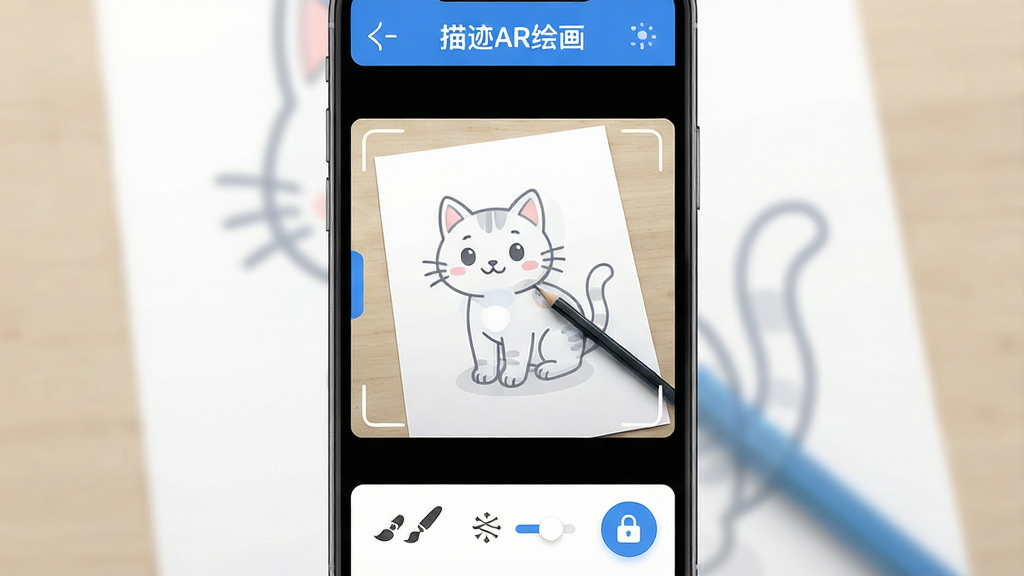 描迹AR绘画软件核心界面全貌展示,手机屏幕竖屏构图,画面中央是相机取景框,取景框里有一张白纸和一支铅笔,纸上叠加着半透明的卡通猫咪线稿参考图,屏幕底部是一排简洁的工具图标,包含画笔粗细调节、透明度滑块、锁定按钮,屏幕顶部显示“描迹AR绘画”文字标识,整体风格清爽现代,蓝白配色为主,UI圆角设计,画质干净清晰,无多余元素