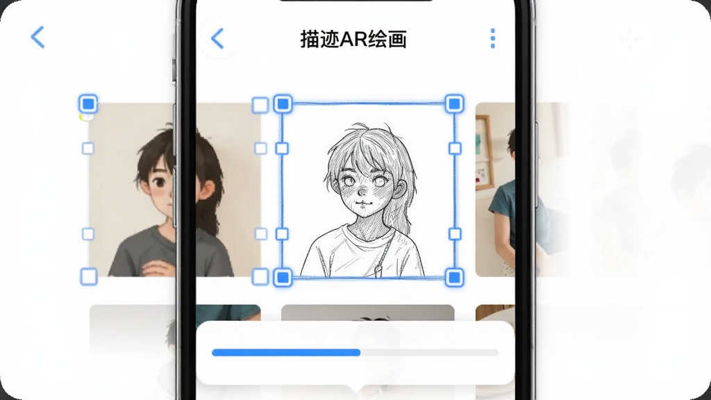 描迹AR绘画图片导入界面,手机屏幕显示相册选择页面,下方弹出线稿提取进度条,屏幕上方有“描迹AR绘画”标题,画面中有几张示例图片被框选,其中一张已生成线稿预览,界面风格简洁,白色背景,蓝色高亮按钮,画质清晰无杂乱