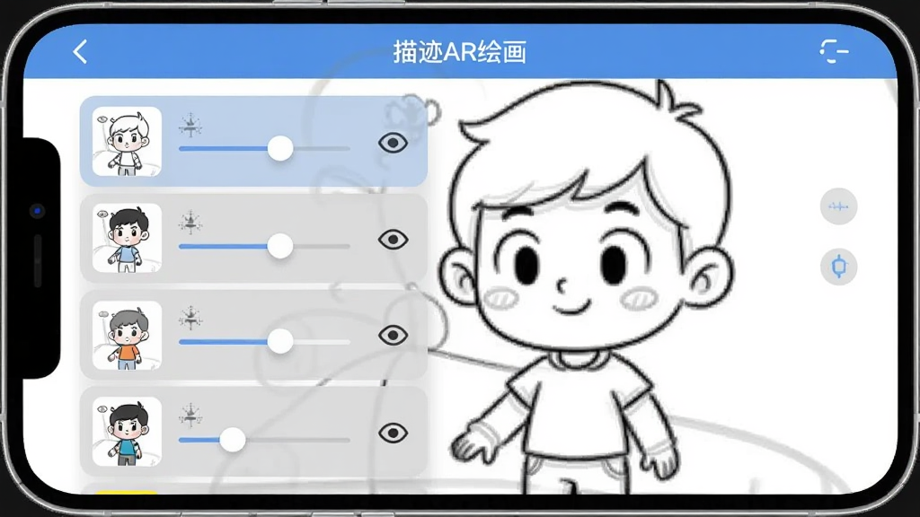描迹AR绘画图层管理面板,手机屏幕显示半透明图层列表,每个图层缩略图旁边有透明度滑块和眼睛图标,背景是正在描画的卡通人物线稿,屏幕顶部有“描迹AR绘画”字样,界面配色为浅灰和蓝色,布局清晰,画质细腻干净