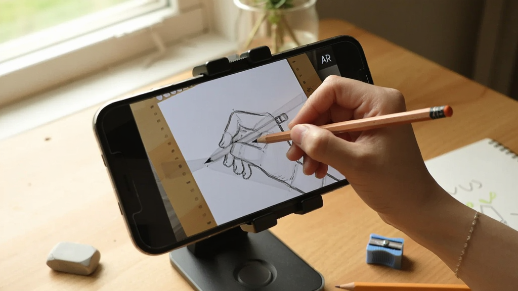 描迹AR绘画使用场景图,手机架在支架上俯拍桌面,屏幕里显示半透明参考线叠加在白纸上,一只手拿着铅笔正在描画,桌面旁边放着橡皮和卷笔刀,光线从左侧窗户照入,画面温馨自然,画质清晰,无杂乱背景