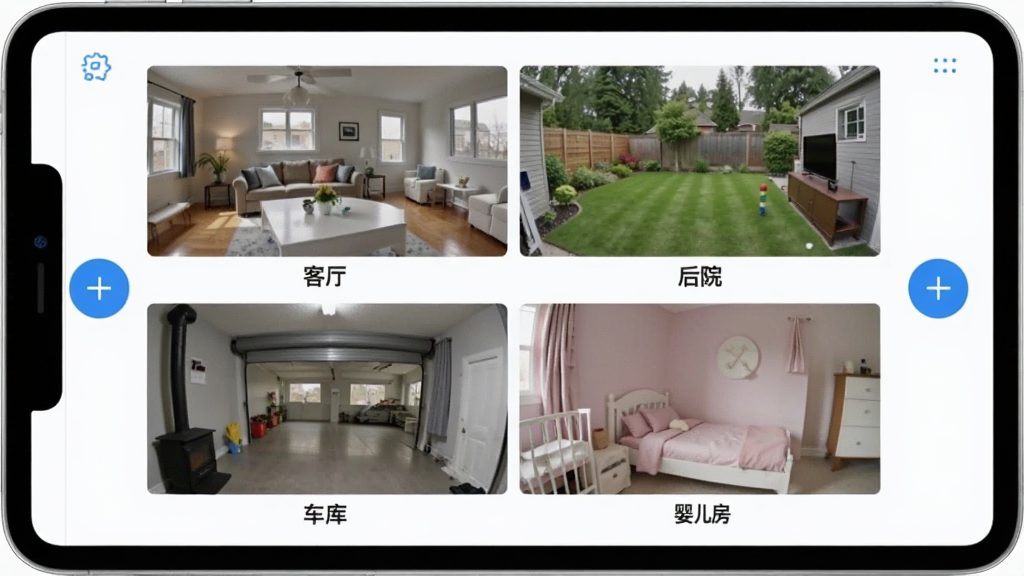 һ��չʾС����Pro���豸ͬ���������ܵĽ����ͼ���ͼƬ����������һ��ƽ����Ի�����ֻ�����Ļ�������������ĸ���ͬ����ļ�ػ���С���ڣ�ÿ�������·��з������Ʊ�ǩ���������Ժ�����⡢Ӥ�����������Ե�������豸�ļӺŰ�ť�����岼��������������ִ���������ɫ�����ʸɾ�