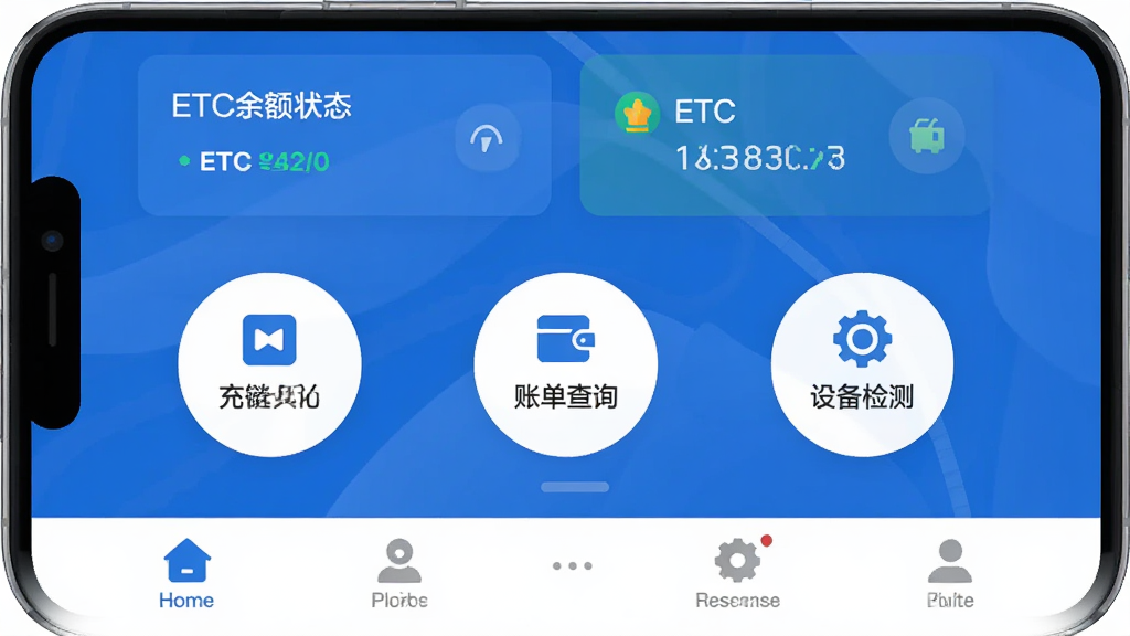 ETC高速管家 手机应用主界面 蓝白配色 顶部显示ETC余额和状态卡片 中间是充值 账单查询 设备检测三个圆形功能按钮 底部导航栏简洁 现代扁平化风格 画质干净 无多余元素