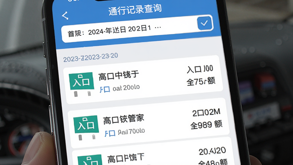 ETC高速管家 通行记录查询界面 手机屏幕显示按日期排列的高速通行账单列表 每条记录包含入口出口和金额 顶部有日期筛选栏 界面整洁 蓝白配色 扁平化设计 画质干净