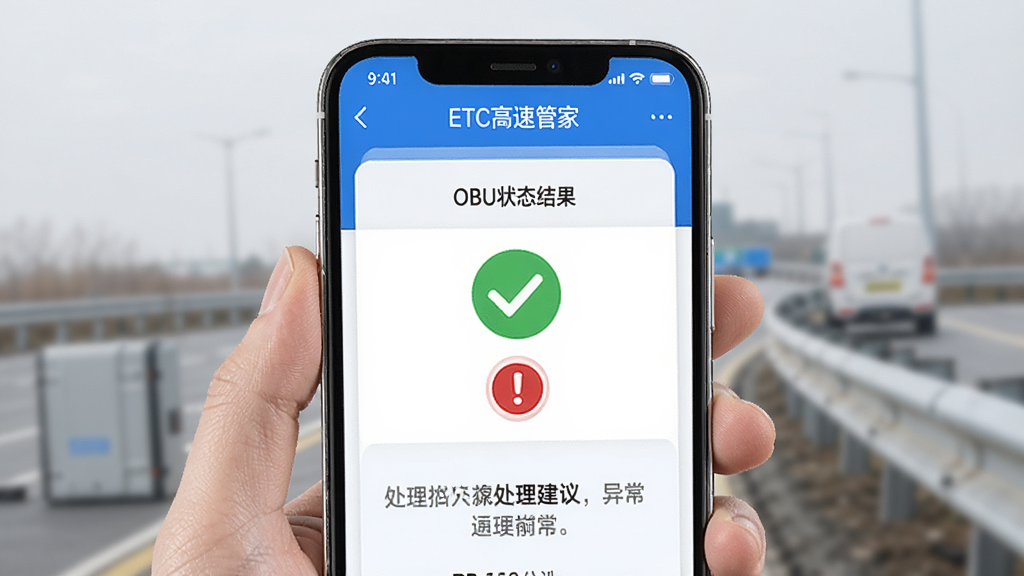 ETC高速管家 设备检测功能界面 手机屏幕显示OBU状态检测结果 绿色对勾表示正常 红色感叹号表示异常 下方有处理建议文字 简洁清晰的UI设计 蓝白配色 画质干净
