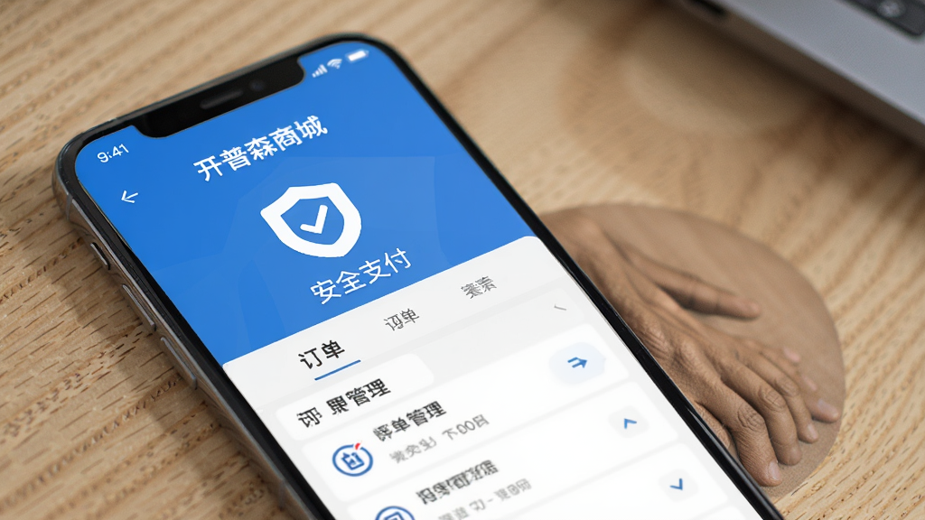 一张展示开普森商城支付安全与个人中心管理界面的图片,主体是手机屏幕显示着安全支付图标和订单管理列表,布局整齐,风格沉稳专业,色调以蓝色和白色为主,画质清晰,无多余元素。