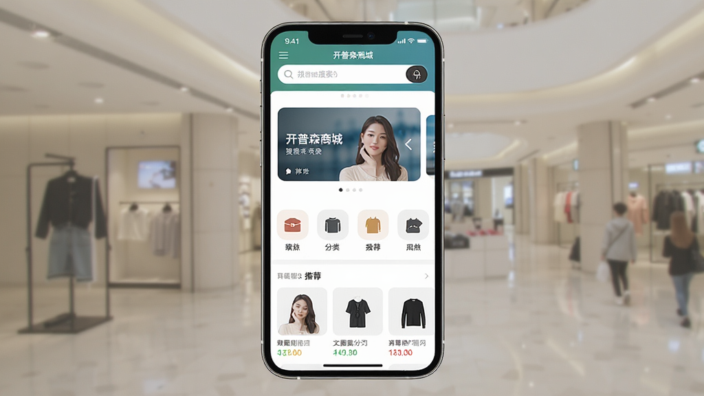 一张展示开普森商城手机应用主界面的图片,主体是手机屏幕内显示着开普森商城的首页,布局包含顶部搜索栏、中间轮播图、下方商品分类图标和推荐商品列表,排版简洁有序,风格现代扁平化,细节圆润,画质高清干净,无多余元素。