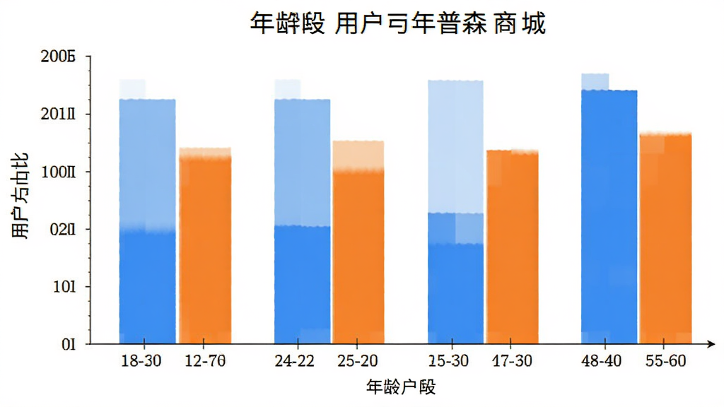 一张展示不同年龄段用户使用开普森商城的柱状图,横轴标注18-60岁年龄段,纵轴标注用户占比,柱状颜色以蓝色和橙色区分,布局清晰,风格简洁数据可视化,画质干净,无多余元素。