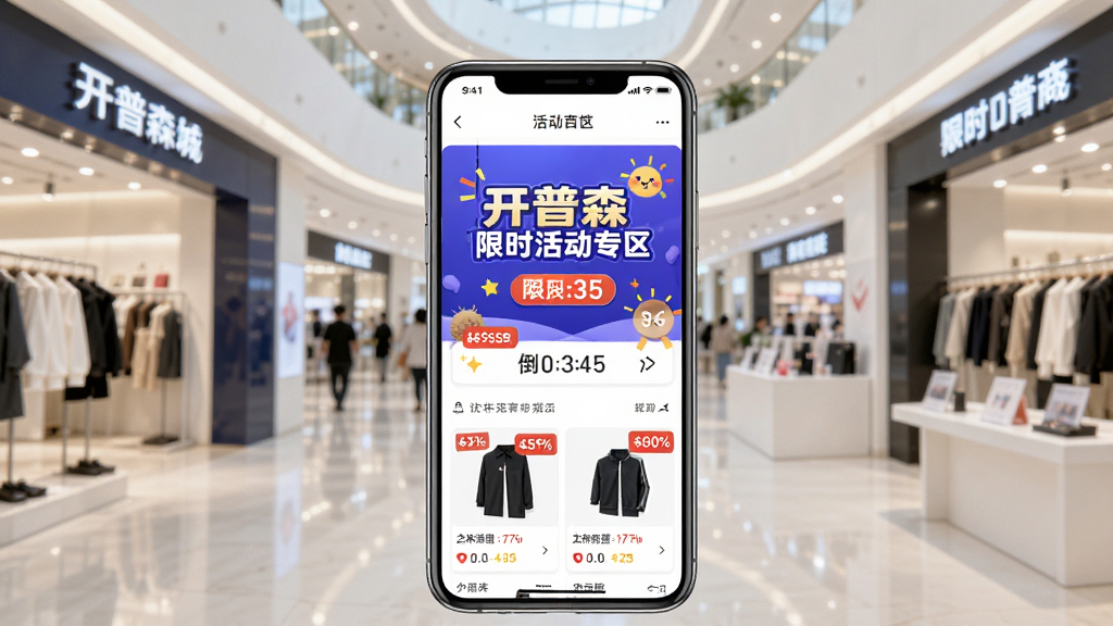 一张展示开普森商城内部限时活动专区的图片,画面中手机屏幕显示着醒目的活动横幅和商品列表,商品带有折扣标签和倒计时元素,布局清晰,风格热闹且干净,画质明亮,无多余元素。