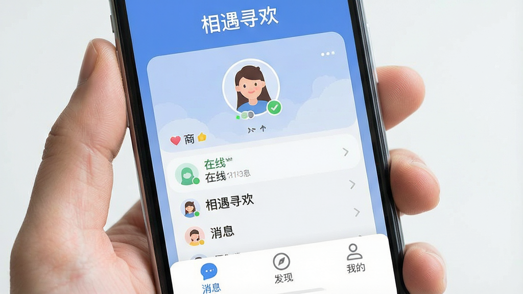 一张手机屏幕展示界面,画面主体是一部手持智能手机,屏幕中显示社交应用主页,顶部有“相遇寻欢”应用名称,中间是用户头像和在线状态列表,底部有消息、发现、我的三个导航图标,布局简洁清晰,风格为现代扁平化设计,细节圆润,画质干净明亮,无多余元素