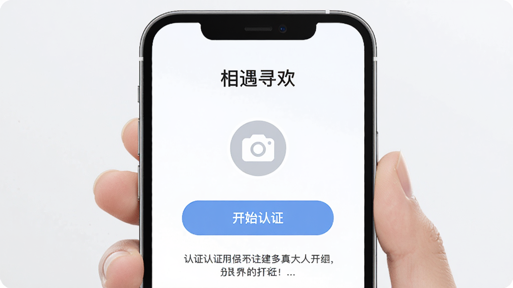一张手机应用认证界面的生图,画面主体是一部手持智能手机,屏幕中显示“相遇寻欢”的真人认证页面,中间有摄像头图标和“开始认证”按钮,下方有认证说明文字,背景为浅色,风格为现代简约扁平化,细节圆润,画质干净明亮,无多余元素
