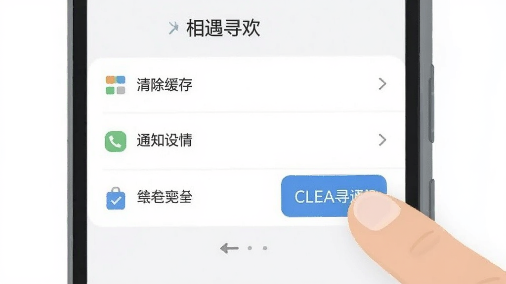 一部智能手机屏幕显示相遇寻欢的设置页面,包含清除缓存、通知设置、账号安全等选项,旁边有手指点击清除缓存按钮的动作,风格为现代简约扁平化,画质干净明亮,无多余元素