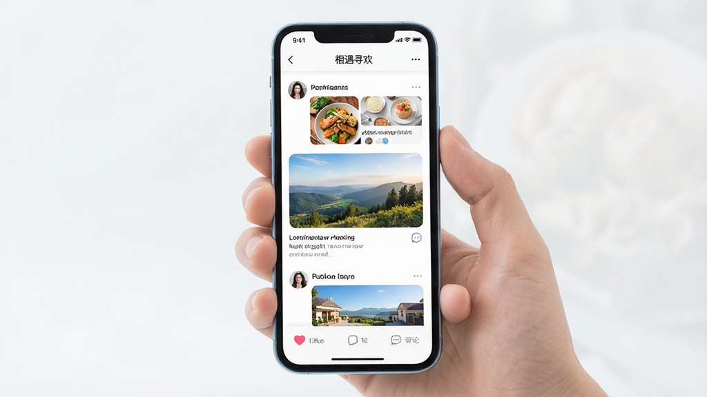 一张手机应用动态广场界面的生图,画面主体是一部手持智能手机,屏幕中显示“相遇寻欢”的动态广场页面,瀑布流布局展示用户发布的图文动态,包含美食、风景照片和文字描述,下方有点赞和评论图标,风格为现代简约扁平化,细节圆润,画质干净明亮,无多余元素