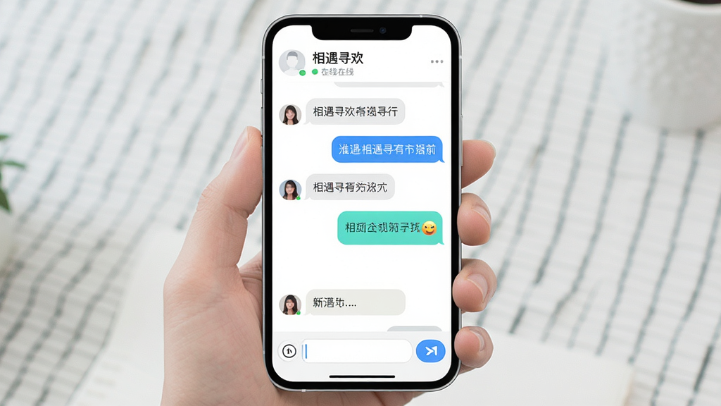 一张手机聊天界面的生图,画面主体是一部手持智能手机,屏幕中显示“相遇寻欢”的聊天对话窗口,气泡消息左右分布,包含文字和表情,底部有输入框和发送按钮,顶部显示对方昵称和在线状态,风格为现代简约扁平化,细节圆润,画质干净明亮,无多余元素