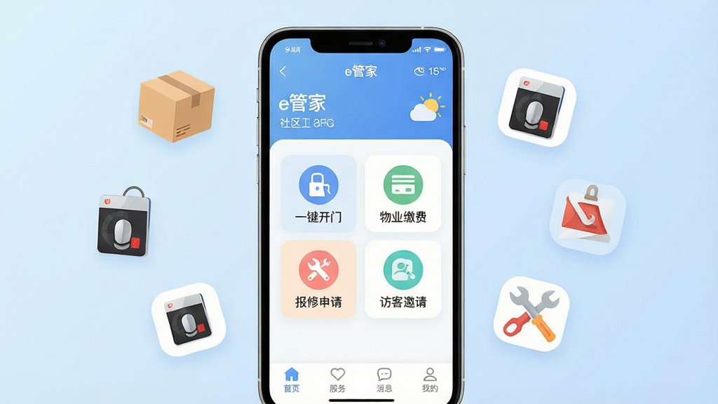 画面中央一部智能手机,屏幕上显示“e管家”App主界面,界面顶部是社区名称和天气信息,中部排列着“一键开门”“物业缴费”“报修申请”“访客邀请”四个大图标,底部导航栏有“首页”“服务”“消息”“我的”四个选项,背景是淡蓝色渐变,手机周围漂浮着快递盒、门禁卡、维修工具等小图标,整体风格现代扁平化,色彩柔和,画质干净清晰,无多余元素。