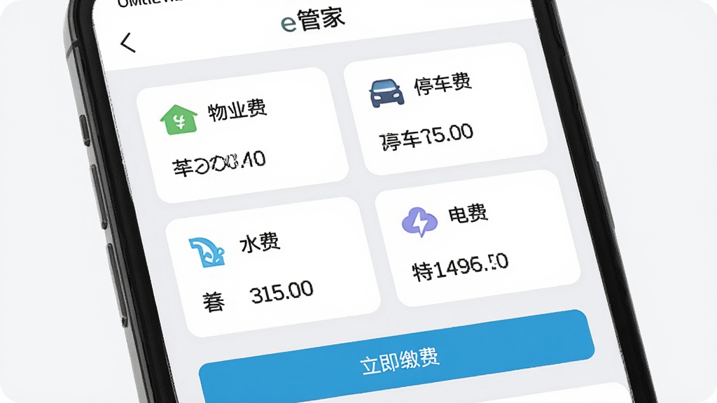 手机屏幕特写,显示“e管家”App的缴费页面,页面上排列着“物业费”“停车费”“水费”“电费”四个卡片,每个卡片有对应图标和金额,下方有“立即缴费”按钮,背景是白色和浅灰色搭配,界面整洁,风格简约现代,画质清晰,无多余元素。